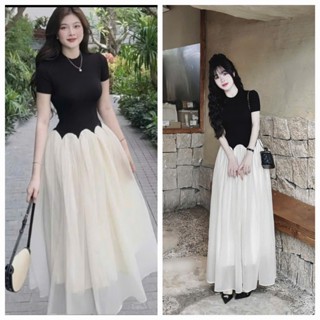 Đầm váy nữ thiết kế tiểu thư nhẹ nhàng đầm tăm lạnh đen tay ngắn cổ tròn phối váy tơ xòe dáng dài kem xinh yêu nàng thơ