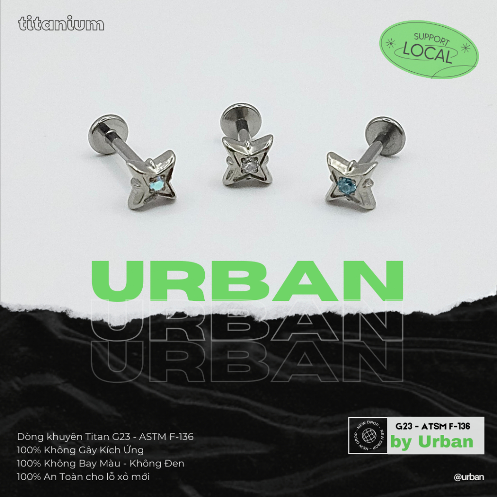[1 Mặt Khuyên] Khuyên tai, chất liệu titan G23 F136 TINH TÚ Không Ngứa Không Đen urban [XỎ]