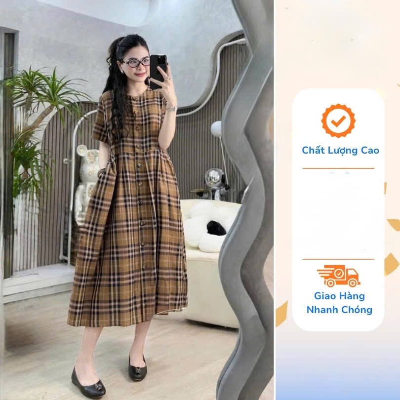 Váy bầu Babydoll kẻ caro thiết kế nút cài tiện lợi cho mặc đi tiệc công sở dáng dài suông Váy dài xi