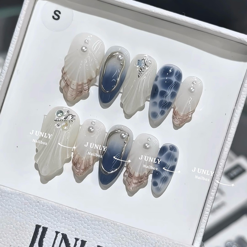 Nailbox Thiết kế JUNLY thủ công móng tay giả sò đi biển tráng gương siêu xinh mã 532