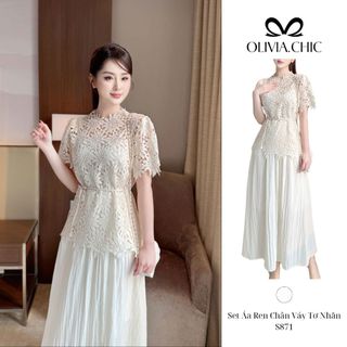  Set Váy Công Sở Olivia.Chic Cao Cấp Áo Ren Hoa Ngắn Tay Kèm Dây Đai Phối Chân Váy Maxi Tơ Mềm Xòe Nhẹ S871 