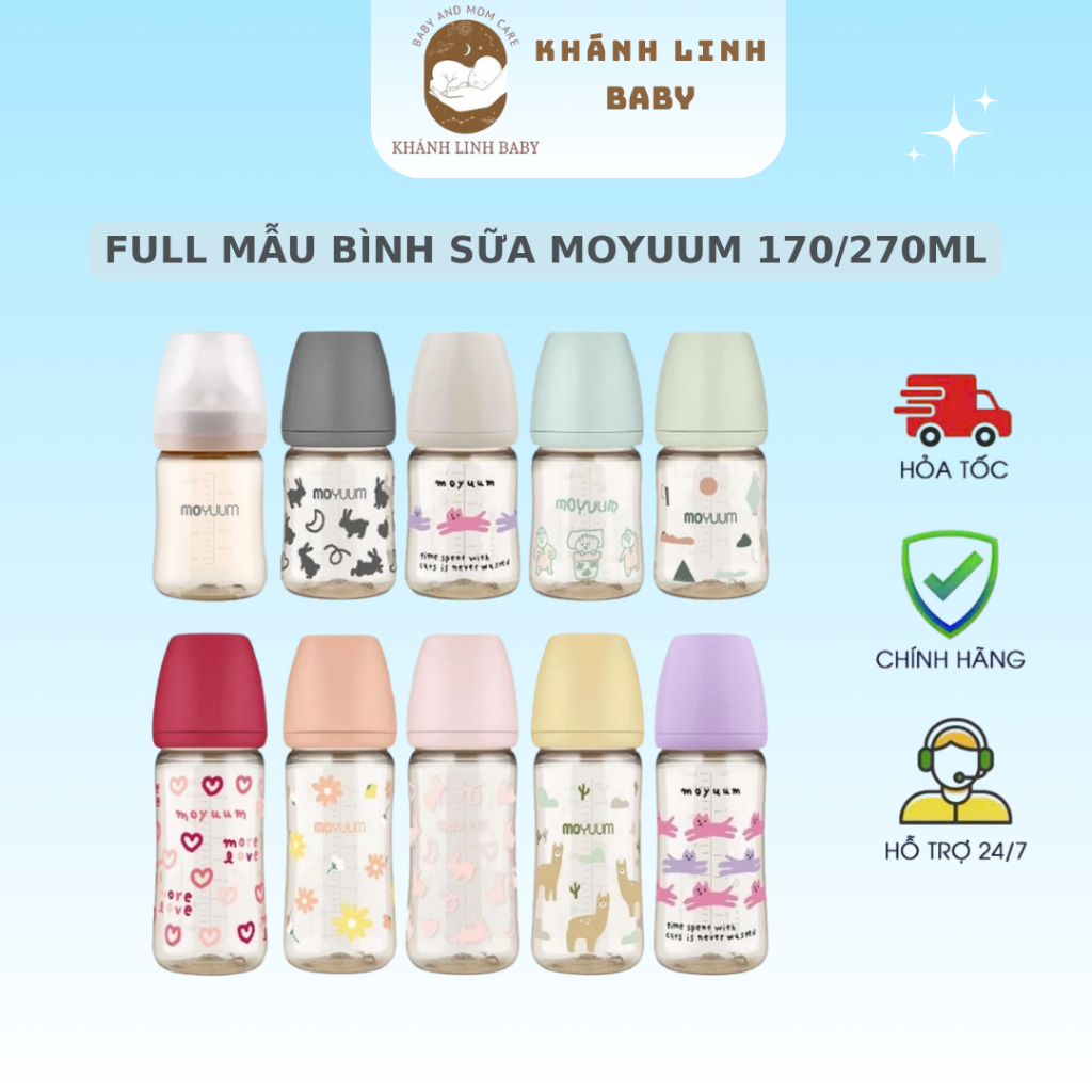   Full mẫu  Bình sữa Moyuum 170ml 270ml chính hãng_trơn tim mèo vàng Hoa cúc 
