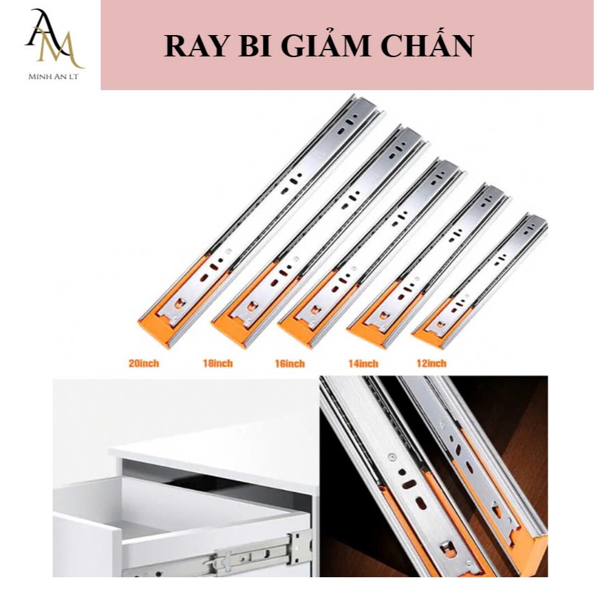 (1 Cặp - Inox - Giảm Chấn) Ray Inox 3 Tầng 4510 Có Giảm Chấn, Ray Bi Inox Hộc Tủ, Ngăn Kéo Có Giảm C