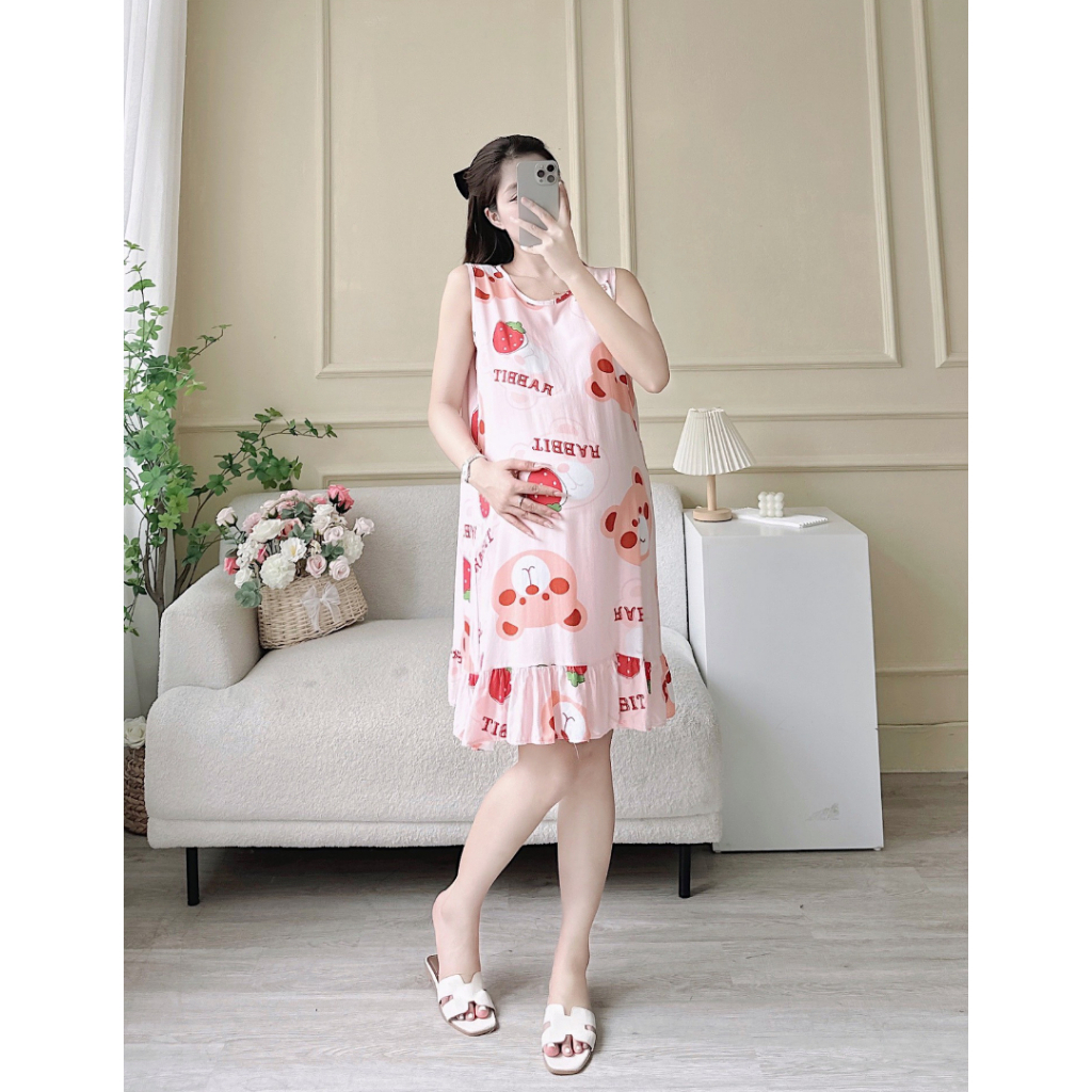 Đầm bầu, Váy Ngủ Bầu Vải Lanh Lụa Hàng Châu Mềm Mát (kiểu sát nách)