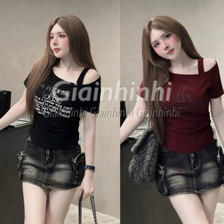  Áo thun dáng ôm lệch vai in chữ Áo kiểu trễ vai 1 dây rúm sườn AT6699-F1TN - NhiNhi Shop 