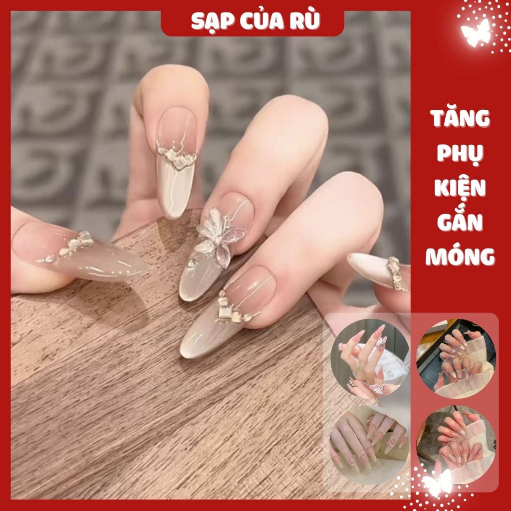 [móng cô dâu]  Móng Tay Giả DÀI NHỌN Đính Đá tinh tế Hộp 24 Nail Box + Tặng Kèm 5 Phụ Kiện