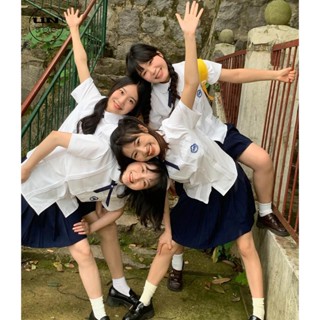 Set áo sơ mi trắng thanh xuân vườn trường Đài Loan thêu chữ dập ly mix chân váy basic không quần bảo hộ đồng phục nam nữ