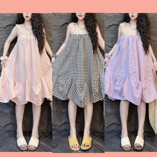  KÈM SCRUNCHIE  Váy hai dây caro đuôi cá bí phồng cột nơ vai ulzzang 