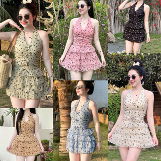  Set Bộ Tơ Giấy Hoa Nhí Đen Áo Yếm V Cột Croptop + Chân Váy Tơ Tầng Xoè Có Lót Quần 
