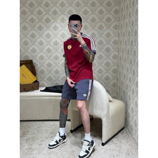 Bộ đồ nam mùa hè chất poly cổ tròn adidas màu đỏ họa tiết, đồ thể thao nam thoáng khí siêu nhẹ cao cấp