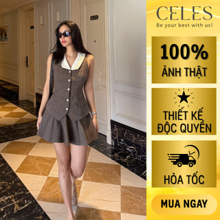 Set váy nữ xám CLAUDIA thương hiệu CELES, Áo ghile dáng ôm cổ vest trắng, chân váy xếp ly