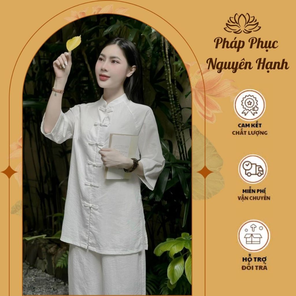 [Free Ship] Pháp phục đi chùa nữ cổ tàu cúc ngang Bộ đi chùa truyền thống đơn giản Đồ lam đi chùa nữ