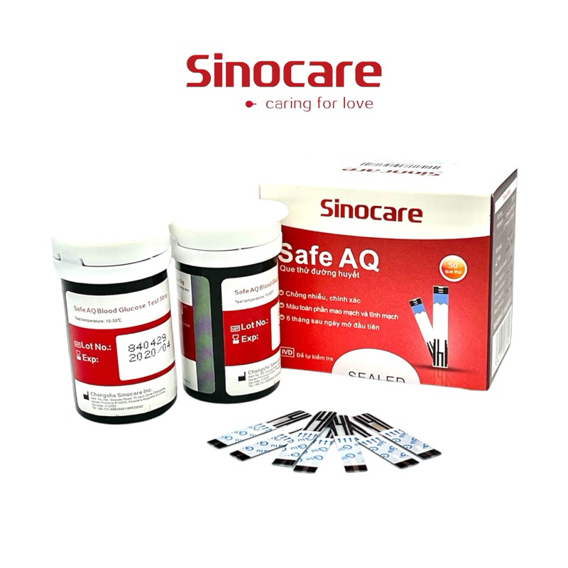 Que Thử Đường Huyết Safe AQ Smart Chính Hãng Sinocare Hộp 50 Que Tặng Kèm 50 Kim