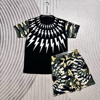 Bộ cộc đen áo tia sét rằn ri kèm quần sooc tia sét rằn ri bo chun dành cho nam nữ from unisex