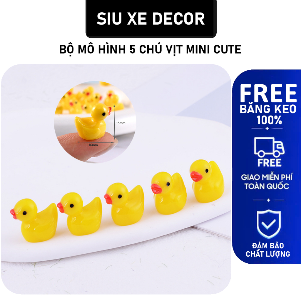 Bộ 5 Mô Hình Vịt Charm Trang Trí Tiểu Cảnh Dán Xe Hình Con Vịt Mini Cute Màu Vàng, kèm miếng dán