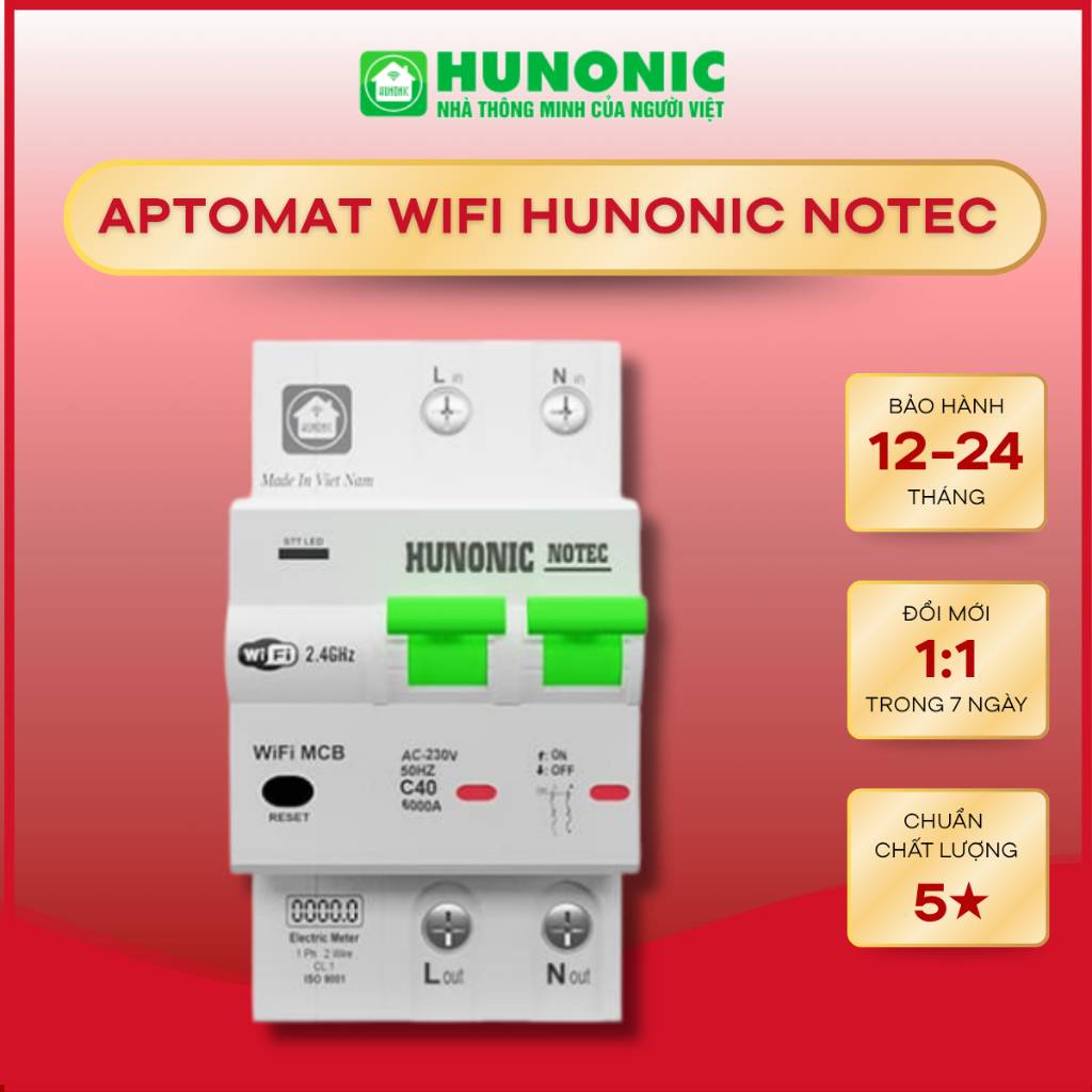 Cầu Dao Aptomat Thông Minh Wifi Hunonic Notec Điều Khiển Từ Xa Đo Tiền Điện Cảnh Báo Quá Tải Aptomat