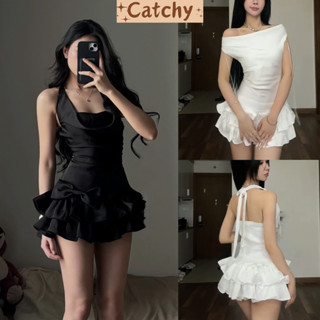 Đầm lụa nữ cổ yếm hở lưng cột nơ dáng xòe ngắn viền lượn sóng sang chảnh đi tiệc CATCHY