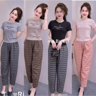 Bộ áo cộc thun tăm thêu Miumiu quần kẻ đũi cao cấp loại 1