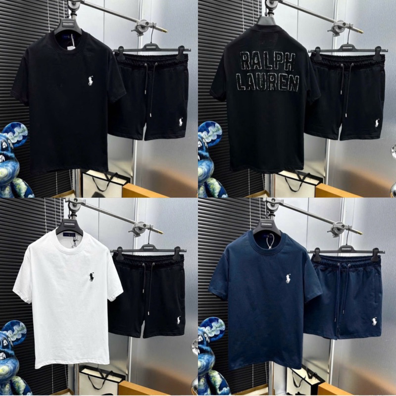 Bộ quần áo cộc thể thao nam Ráp Lau Ren ngực thêu item ngựa lưng dệt chữ bằng bông xù