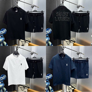 Bộ quần áo cộc thể thao nam Ráp Lau Ren ngực thêu item ngựa lưng dệt chữ bằng bông xù