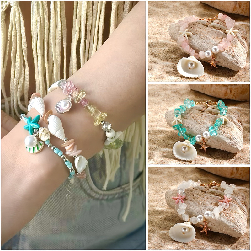 Vòng tay ngoc trai mặt dây chuyền sao biển vỏ sò hạt pha lê, vòng tay mùa hè đi biển siêu xinh cho nữ