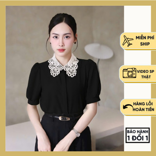 Áo Sơ Mi Nữ Cộc Tay Phối Cổ Ren – Áo Kiểu Nữ Công Sở Dáng Đẹp Màu Đen Trắng Hồng Xanh Dương Nhạt