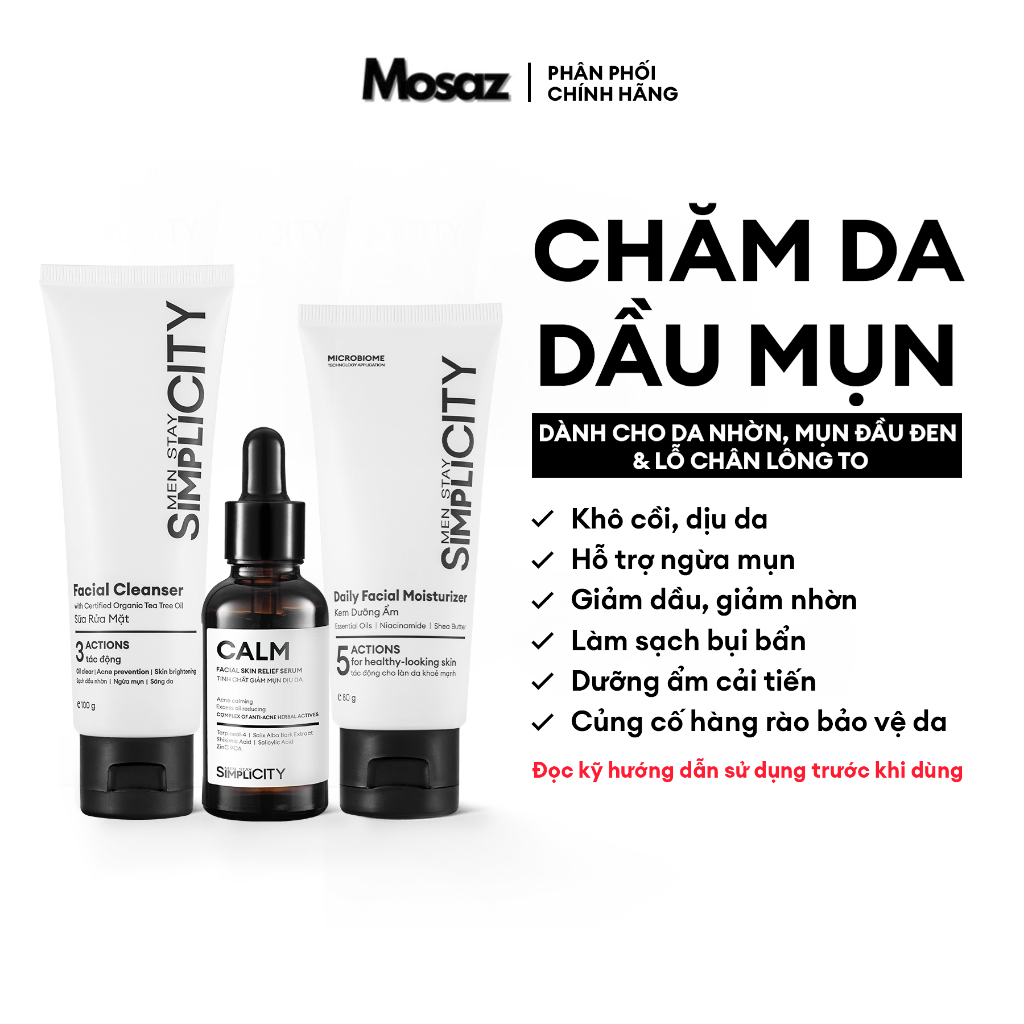 Bộ sản phẩm chăm da dầu mụn cho nam Men Stay Simplicity Acne Relief Skincare Trio giảm mụn an toàn