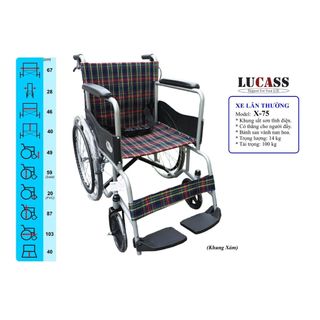 [Hỏa tốc - Sẵn ship] Xe Lăn Có Phanh Lucass X75 (X75J), xe lăn Lucass X75 khung đen và khung xám