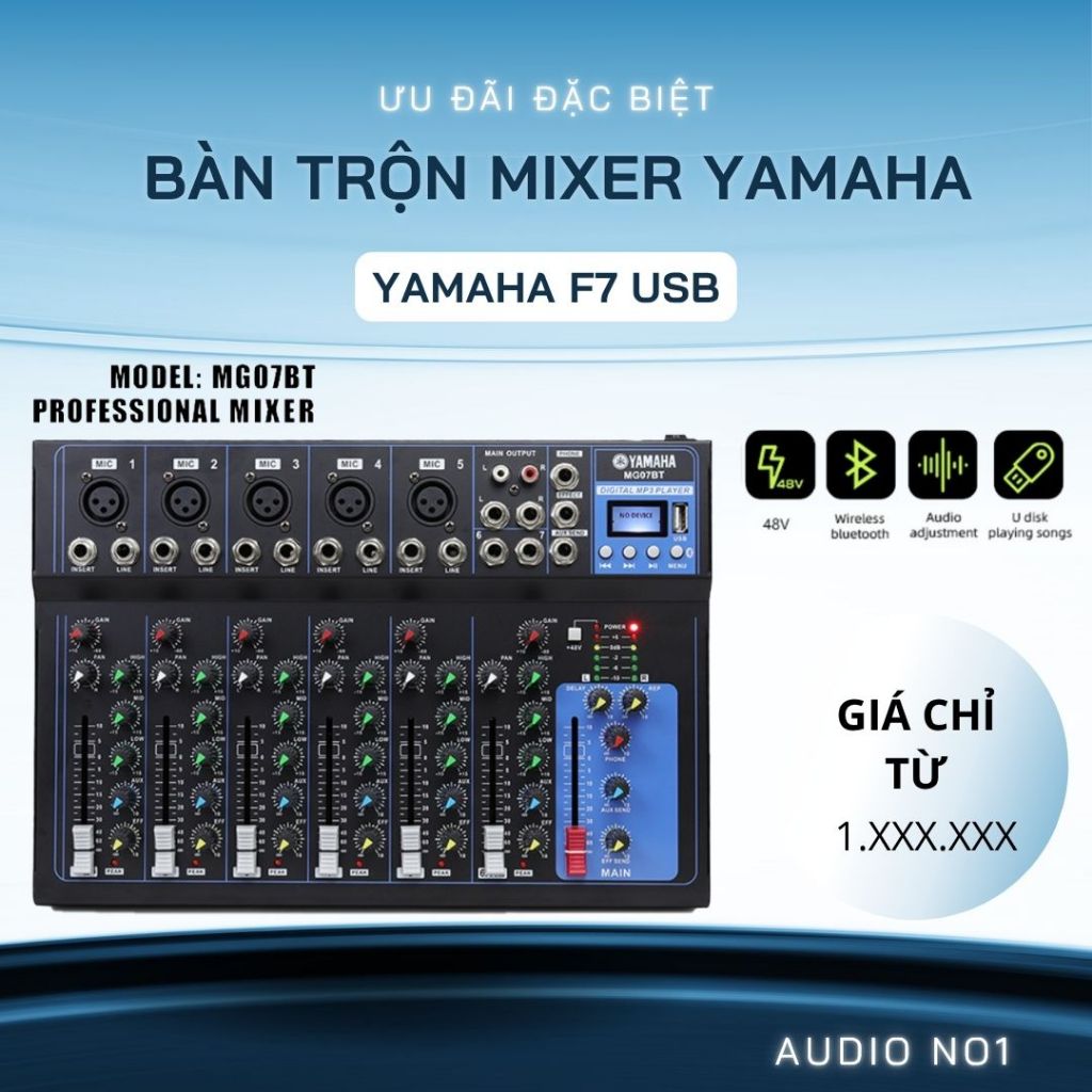 Mixer Yamaha F7 USB, Karaoke, Thu Âm, Livestream, Có Kết Nối Không Dây Bluetooth
