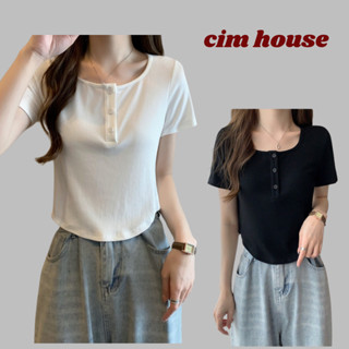 Áo thun nữ cộc tay ôm body ngắn tay áo kiểu nữ cổ tròn phối cúc vạt bầu tôn eo trẻ trung xinh xăn CIMHOUSE- CA772