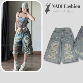 Quần Jeans Short Ngố Nữ from Ống Rộng Dáng Lửng Rách Te Tua, NABI Fashion Quần Bò Đùi Nữ Đến Đầu Gối Lưng Cao Size SMLXL