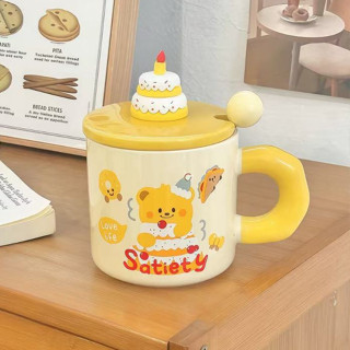 Quà tặng cốc sứ Ly sứ có nắp hình chú gấu Sinh Nhật 400ml thích hợp làm quà tặng đi kèm có muỗng và ống hút thủy tinh