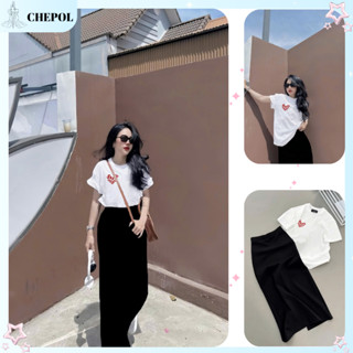 Set ( Áo Thun Trắng + Chân Váy Xuông Dài) Áo Phông Nữ Chepol Unisex Cổ Tròn Với Chất Cotton Co Giãn 2 Chiều CP_x5280