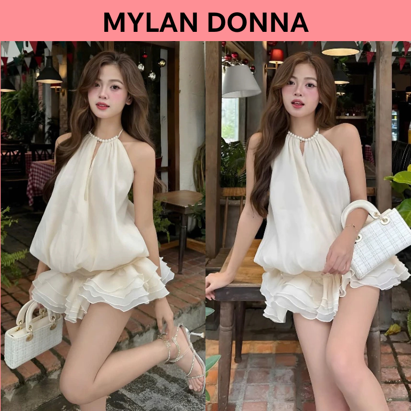 [Sẵn Quần Bảo Hộ] Set Váy Cổ Yếm Đính Ngọc Dáng Bí Chun Eo, Đầm Xoè Hở Lưng Đi Chơi Đi Biển