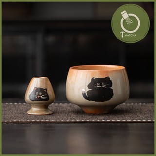Bộ combo bát chawan và đế gác chổi chasen pha matcha mẫu mèo đen ( mã CW-24)