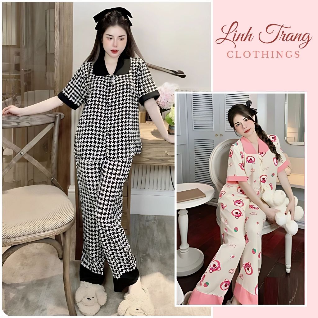 Set Bộ Đồ Pyjama Đồ Bộ Áo Cộc Quần Dài Đồ Ngủ Nữ Xinh Mặc Nhà Chất Kate Thái Cao Cấp Giá Rẻ