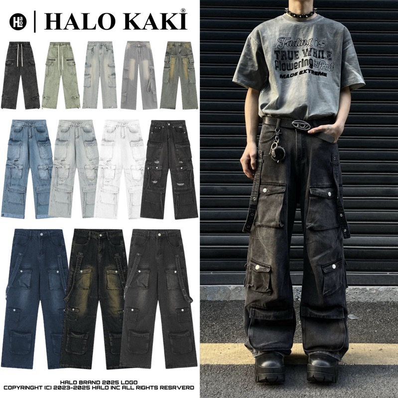 QUẦN JEANS BAGGY ỐNG RỘNG TÚI HỘP [VẢI CAO CẤP] STRAP BOX (8 Túi hộp phối đai ) HÀNG JEANS LOẠI 1 HALO KAKI | BigBuy360 - bigbuy360.vn