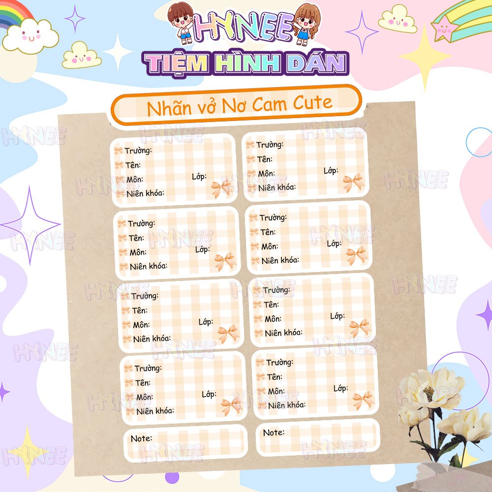 Nhãn Vở Coquette Nơ Cam Dễ Thương, Nhãn Vở Caro Cam Vàng Pastel - Nhãn Tập, Giấy Nhãn Coquette Caro 