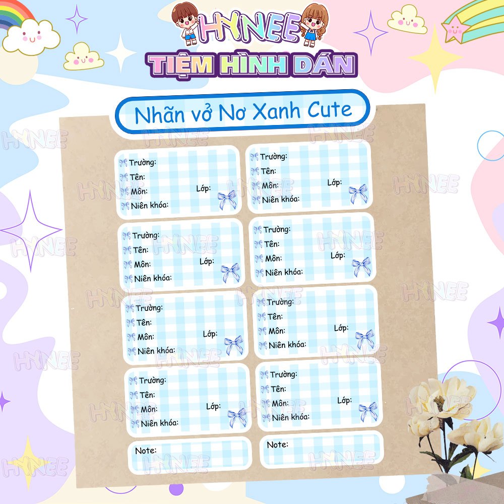 Nhãn Vở Coquette Nơ Xanh Dương Dễ Thương, Nhãn Vở Caro Xanh Pastel - Nhãn Tập, Giấy Nhãn Coquette Ca