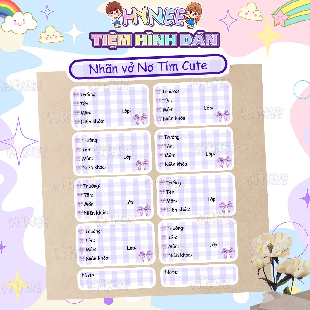 Nhãn Vở Coquette Nơ Tím Dễ Thương, Nhãn Vở Caro Tím Pastel - Nhãn Tập, Giấy Nhãn Coquette Caro Paste