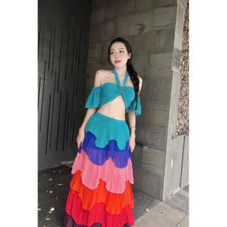 Gv295-Sét voan maxi tầng nhiều màu, voan lót có mút, lưng bo chun