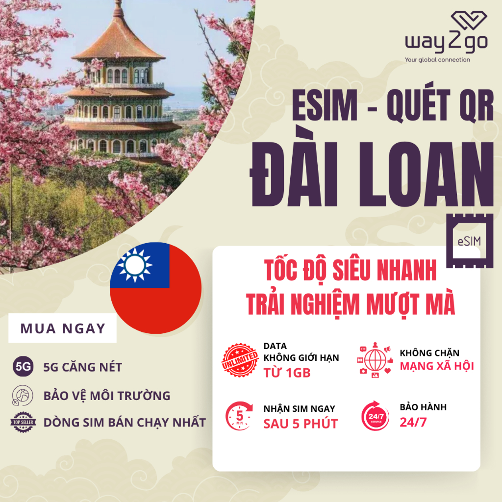 ESIM du lịch Đài Loan 7 - 30 ngày Way2go, sim mạng siêu nét 4G, 3G không giới hạn, không chặn mxh, k