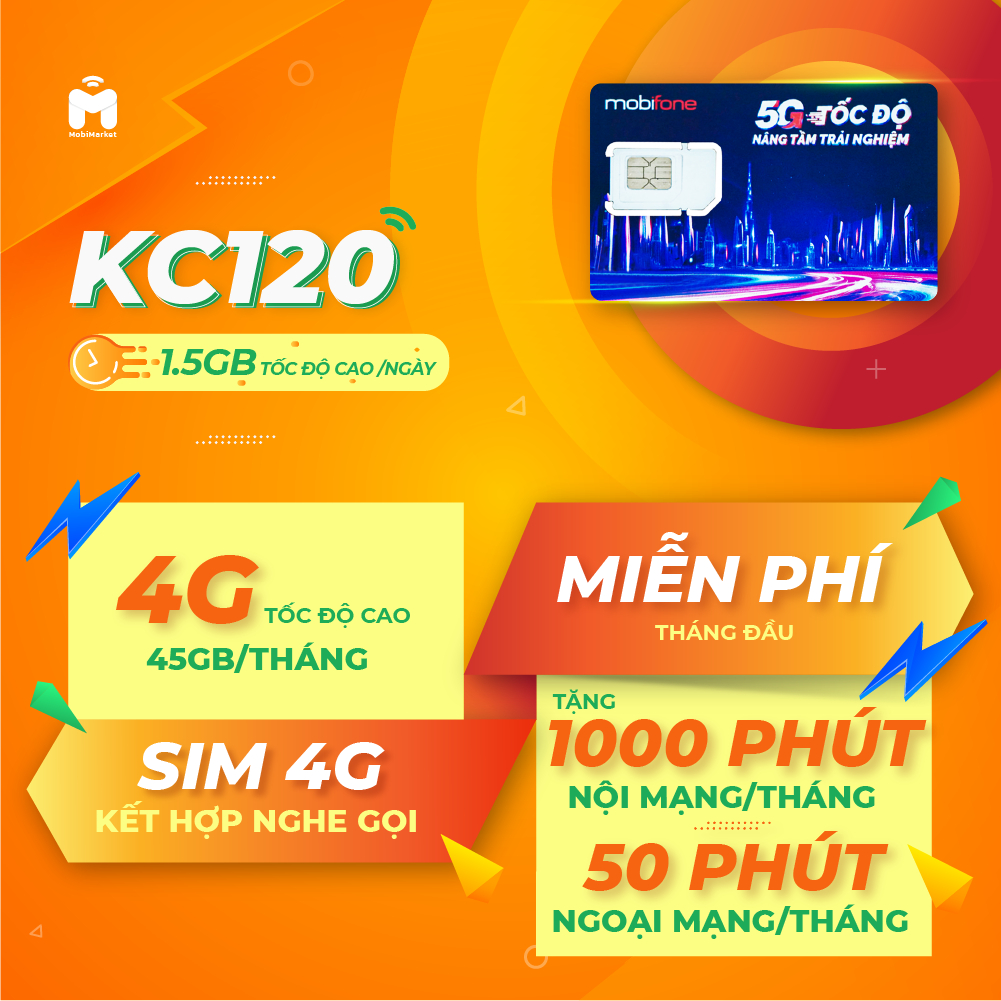 Sim 4G MobiFone Data 45GB/tháng, 1050 Phút thoại. KC120 Free Tháng Đầu Không NạpTiền