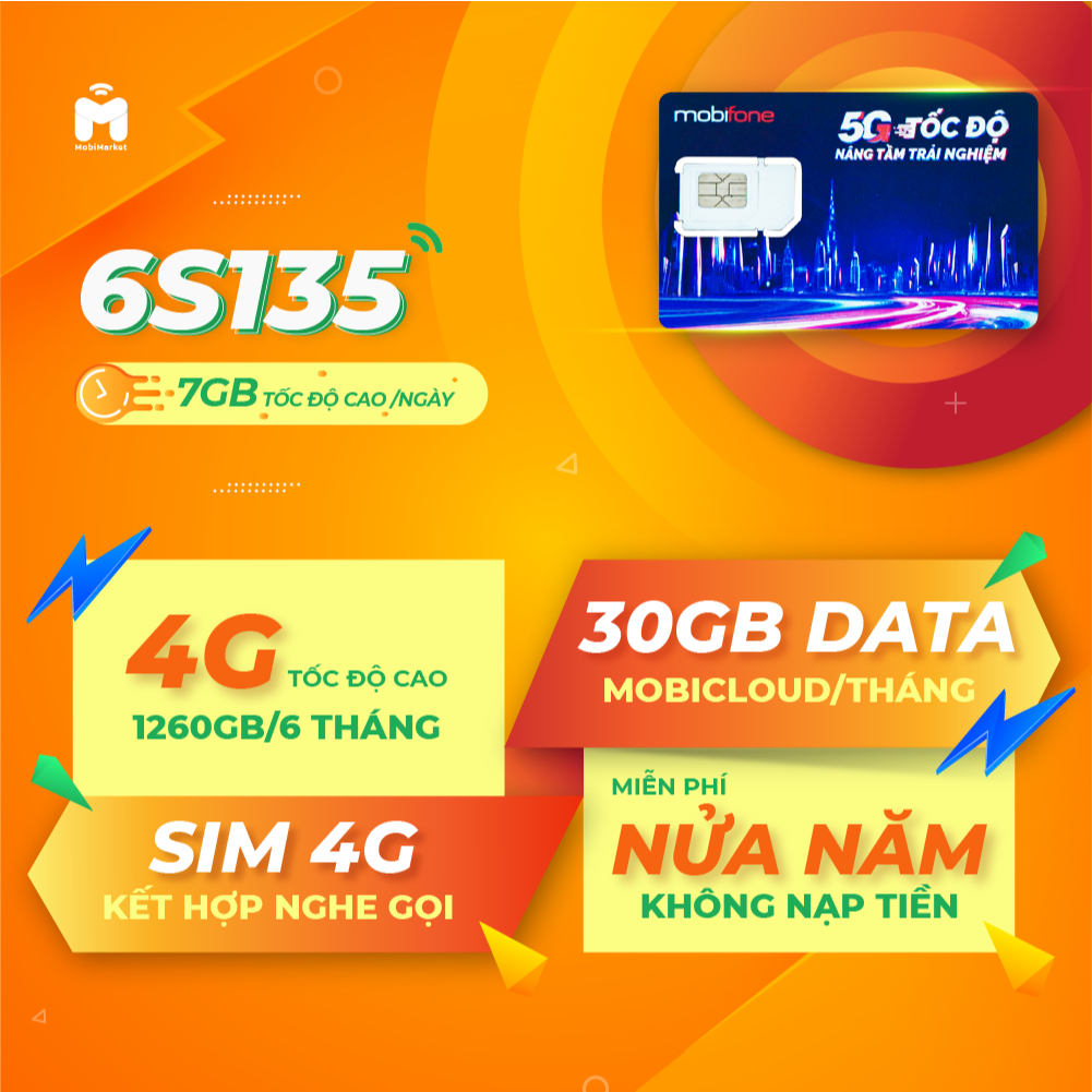 Sim 4G MobiFone 6S135 Data 7GB/ngày, Free 30Gb Mobicloud, Miễn phí tháng đầu