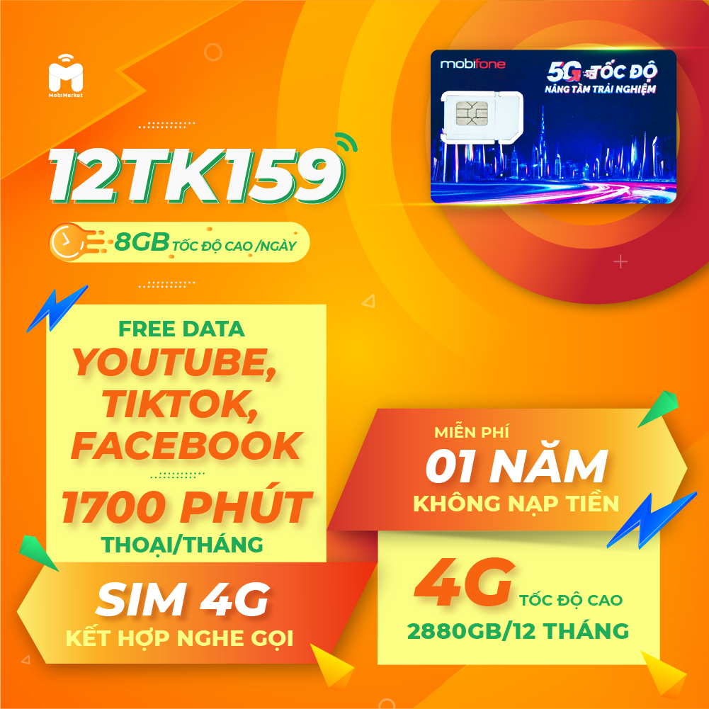 Sim 4G MobiFone 2880GB/12 tháng, FREE YTB, Facebook, 1700 phút thoại/tháng, 12TK159 MIỄN PHÍ MỘT NĂM