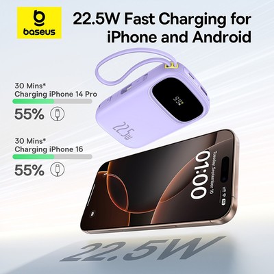 Baseus Sạc Dự Phòng Hai Đầu Dây 10000mAh PD 22.5W TypeC &IP 2 Cổng Tiện Dụng Cho iP 15 14 13 Samsung