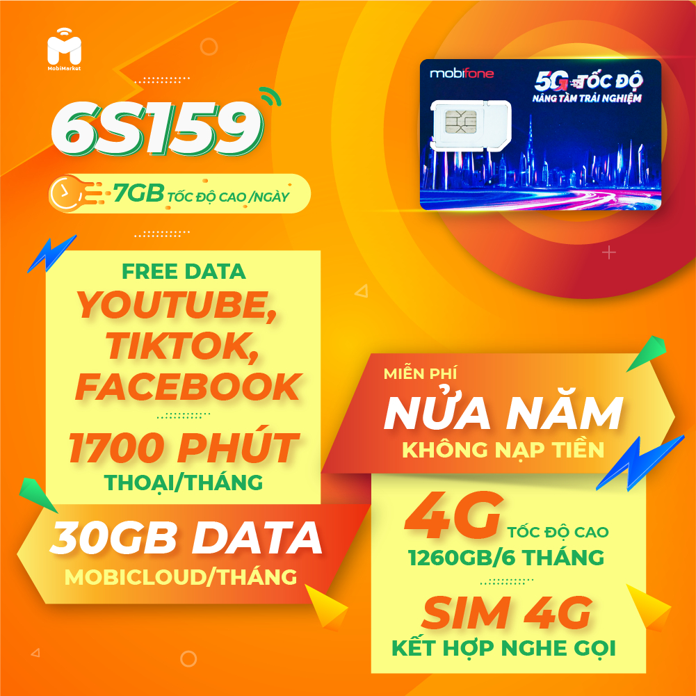 Sim 4G MobiFone 6S159  7GB/ngày, Free data Facebook, YouTube, Free gọi nội mạng+ 200p ngoại mạng