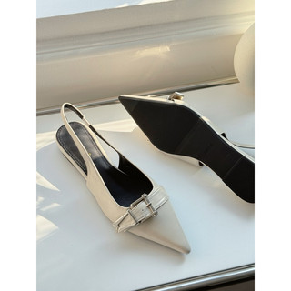Giày slingback nữ cao gót mũi nhọn, quai hậu khóa kim loại, da bóng, phong cách thanh lịch M625