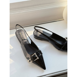 Giày slingback nữ cao gót mũi nhọn, quai hậu khóa kim loại, da bóng, phong cách thanh lịch M625