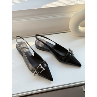 Giày slingback nữ cao gót mũi nhọn, quai hậu khóa kim loại, da bóng, phong cách thanh lịch M625